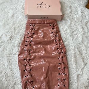 Oh Polly Latex Midi Skirt. Blush Nude Pink NWT lace up